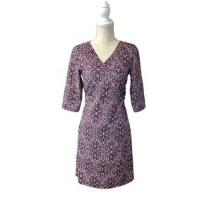 prAna Womens Veeda Red NADIA VNECK Faux Wrap DRESS 3/4 Sleeves Stretch Sz LG